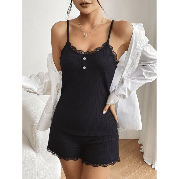 Women 2-Piece Pajama Set – Ribbed Cami & Shorts Sleepwear with Lace Trim | Soft - Picture 5 of 7